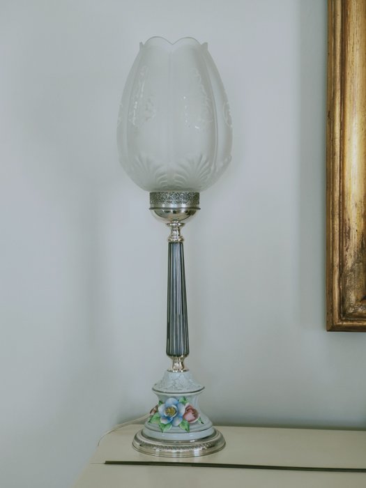 Bordslampa (1) - .800 silver, Porslin - Italien - Mitten av 1900-talet