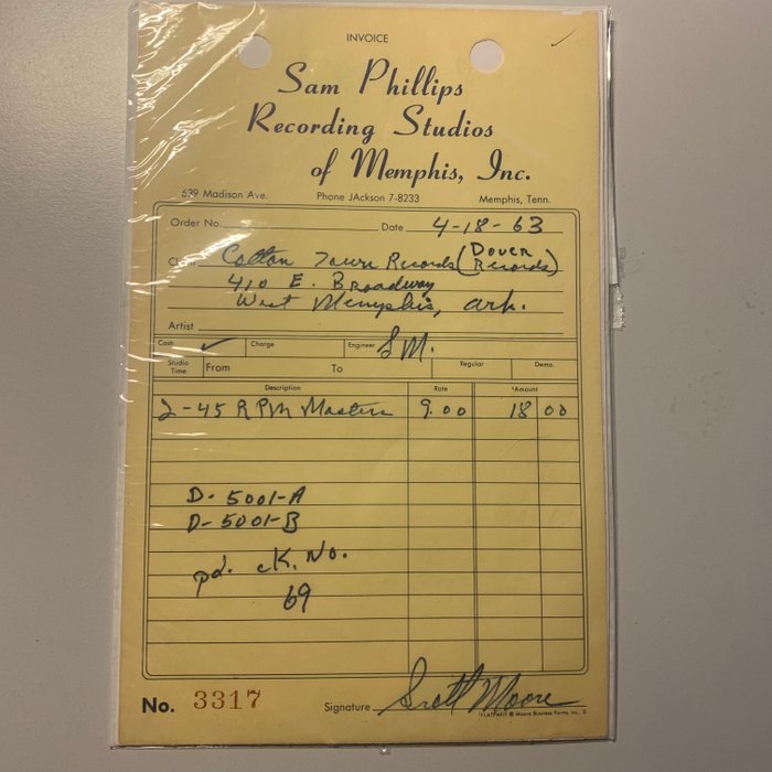 Elvis Presley - Invoice Sam Phillips collector’s item signed Scotty Moore - Officiële merchandise gedenkwaardigheden - 1963/1963