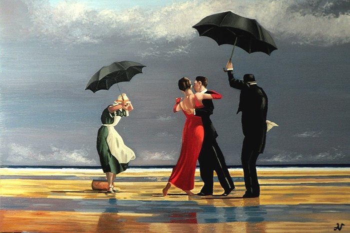 after Jack Vettriano - Baile en playa con paraguas
