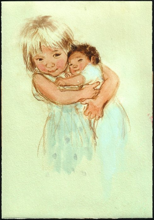 Gabriëlle Vincent (bekend van Erneste et Célestine/ Brammert en Tissie) - Gemengde techniek op dik papier voor een geboortekaartje - Page volante - (1970/1975)