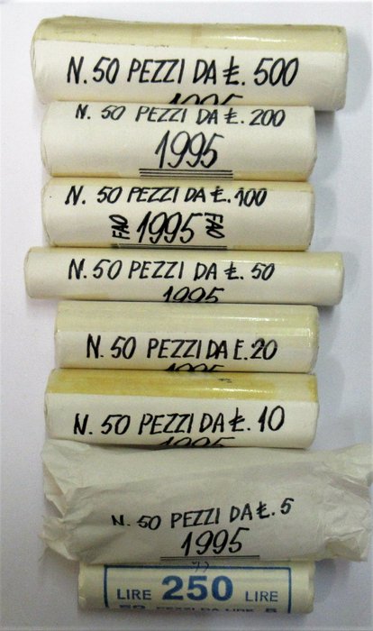 Italie, République italienne. Annata 1995 in rotolini originali da 5 a 500 lire (7 pezzi)
