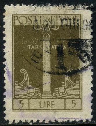 Fiume 1923 - St. Vitus L. 5 olive bistre (instead of brown bistre). Colour error. - Sassone N. 201A