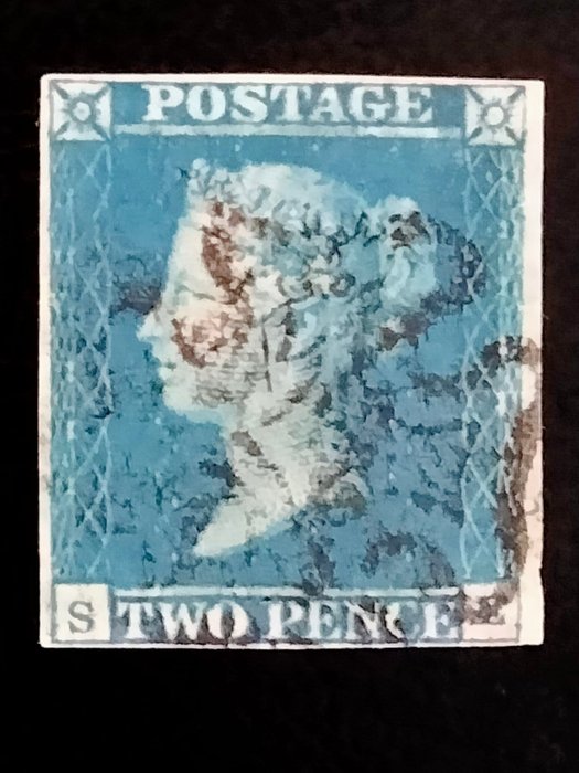 Great Britain 1841 - Queen Victoria. Two pence blue black MX. Plt.3. 4 margins. - Stanley Gibbons 14