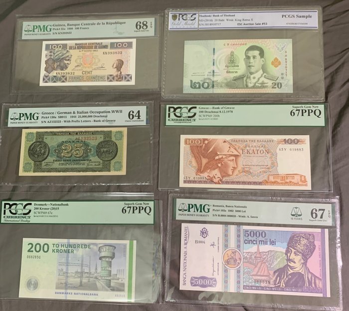 Monde - 6 banknotes - all graded - Various dates