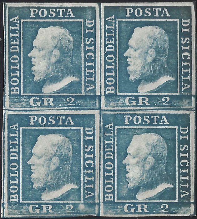 Italian Ancient States - Sicily 1859 - 2 grana light blue, 3rd plate, Palermo paper, block of 4 pieces - Sassone N. 8