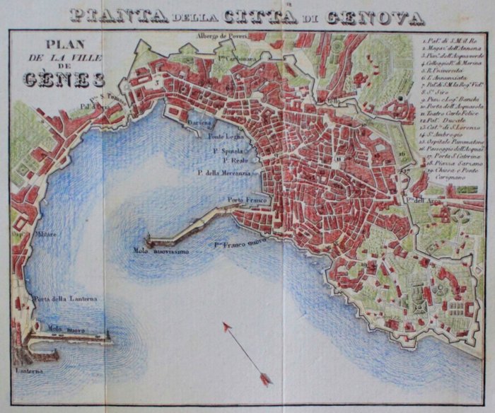 Italia, Liguria, Genova; F. Artaria - Pianta della città di Genova; Plan de la ville de Gènee - 1843