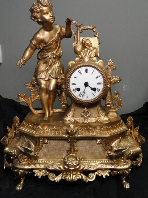 Orologio romantico francese - Alabastro zama dorato - Fine XIX secolo