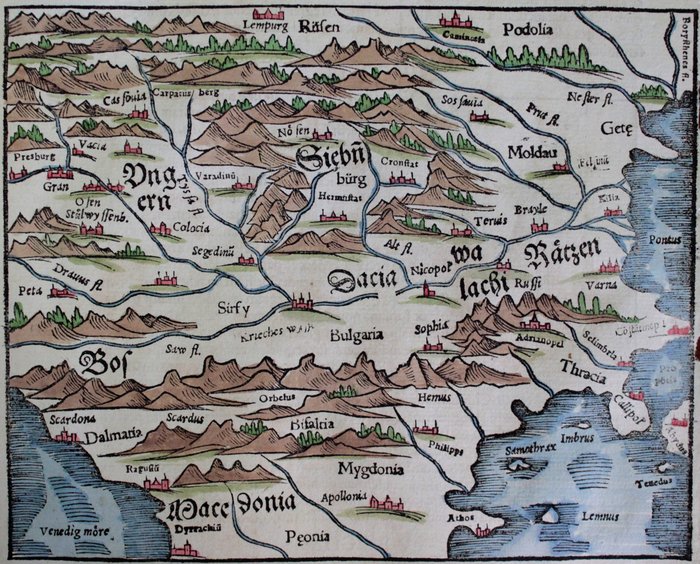 Bulgaria, Serbia, Macedonia, Romania; S. Munster - De Ungaria. Transsylvania Ungarici regni provincia. - 1561-1580