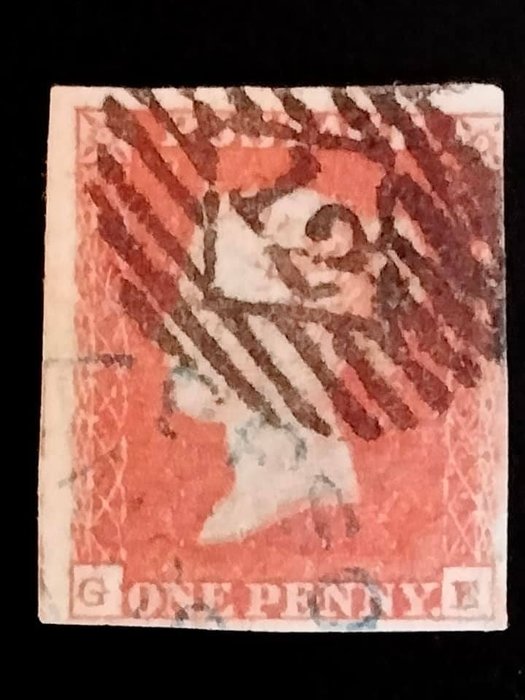 Grande Bretagne 1841 - Queen Victoria. One penny red variety. Blue town postmark and London diamond. - Stanley Gibbons 8/12