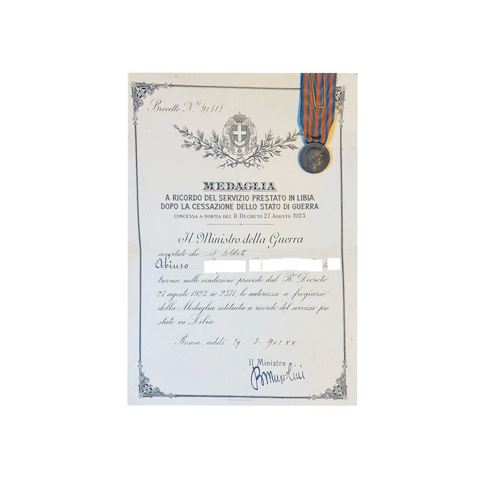 Italia - Guerra africana 1911-1942 - diploma MUY RARO - cese de hostilidades + medalla de plata