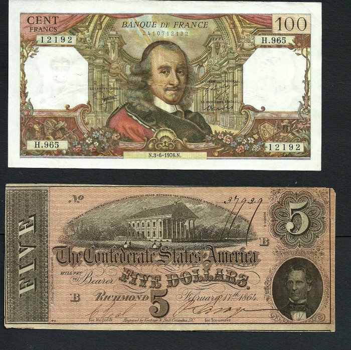 Monde - France, États confédérés d'Amérique - 2 banknotes - Various dates