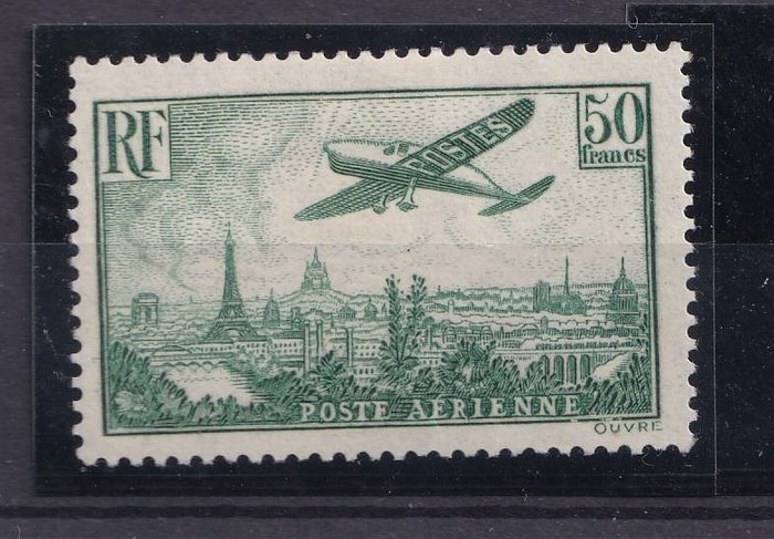 France 1936 - VF, aeroplane flying over Paris, 50 francs dark green, signed Scheller. - 14b