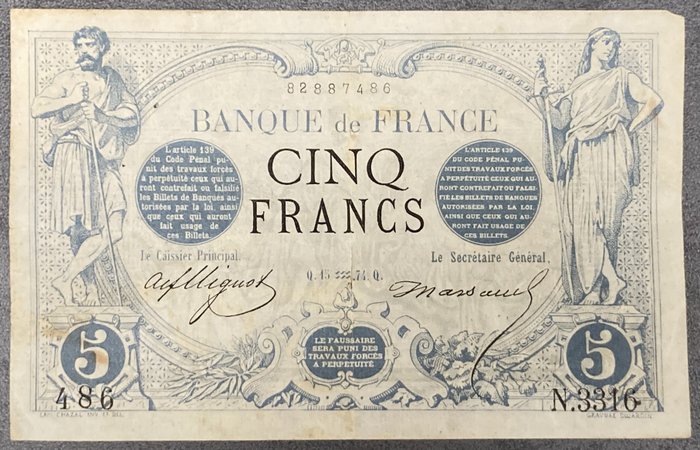 Frankrijk - 5 Francs Noir Janvier 1874 - Fayette 01-25