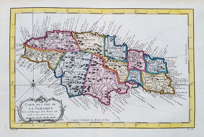 Giamaica, Caribbean, Central America, Kingston, Antilles; La Haye / P. de Hondt / J.N. Bellin - Carte de l'Isle de la Jamaique - 1721-1750