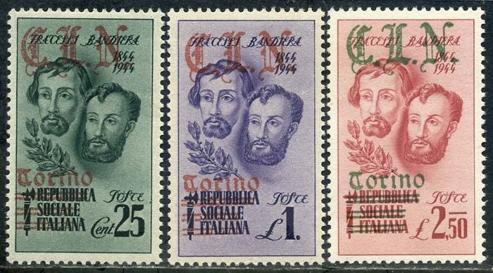 Italy 1944 - Turin - CLN. Bandiera brothers, set of 3 values with overprint offset on the back. Unpublished - CEI 32/34