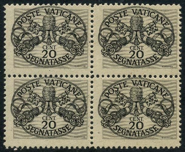 Vatikanstadt 1946 - Postage-due stamps of 20 c. with wide lines and grey paper, block of four - Sassone T 14/I