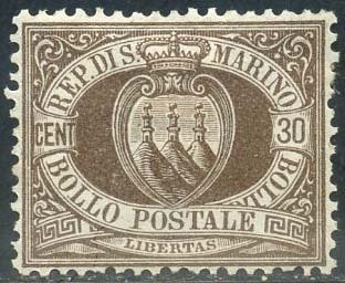 San Marino 1877 - Coat of arms, 1st issue, 30 cents brown - Sassone N. 6