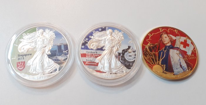 États-Unis. Dollars 2015/2019 'American silver Eagle (3 pieces) with color