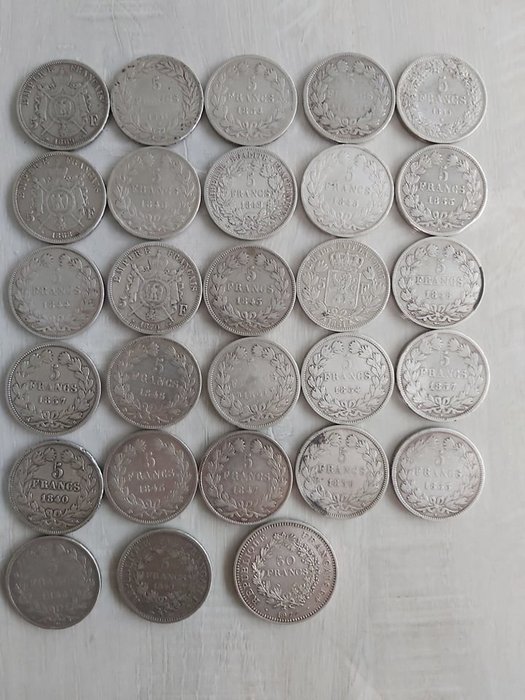 Belgien, Frankreich. 5 Francs + 50 Francs 1831/1977 (28 pièces ça. 705 gramme)
