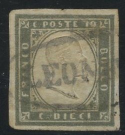 Italienische antike Staaten - Sardinien 1861 - 10 cents deep greenish grey olive used in Leonforte - points 10, rare - sassone n°14Cba