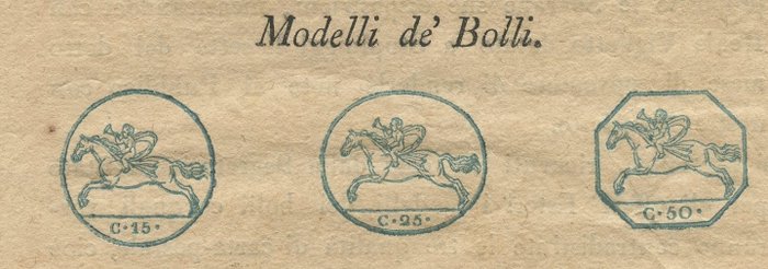 Italienische antike Staaten - Sardinien 1819 - Chamber manifesto, stamped postal document issue - light blue typographic print with 3 little horses