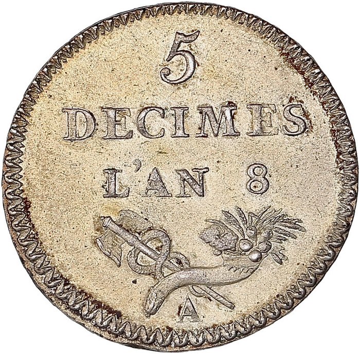 Frankrijk. Directoire (1795-1799). 5 Décimes An 8 A. Essai de Lorthior