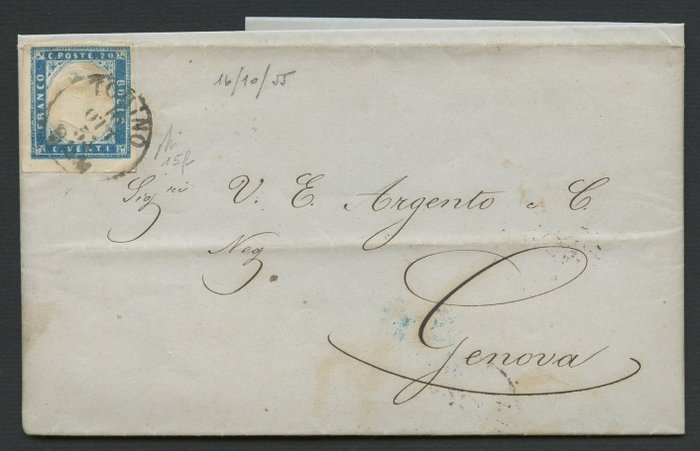 Italian Ancient States - Sardinia 1855 - 20 cents sky blue, sheet corner, used in October 1855 on letter from Turin to Genoa - Sassone n°15f