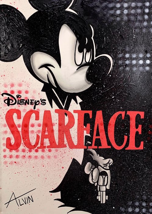 Scarface - Mickey Mouse as "Tony Montana" - Dipinto, Opera d’arte Original - by artist: Alvin Silvrants - 70 x 50 cm