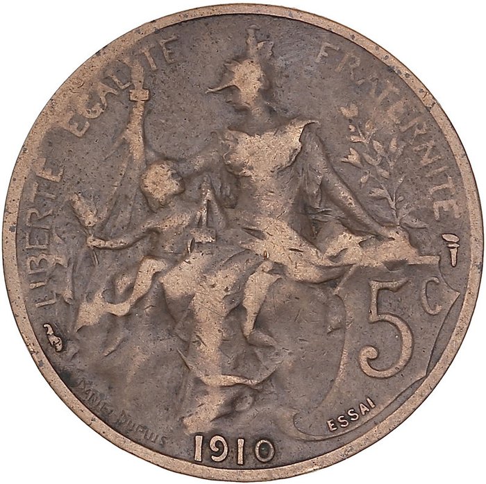 Frankreich. Third Republic (1870-1940). 5 Centimes 1910 Dupuis. Essai de poids lourd