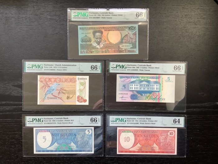 Suriname - 5 banknotes - all graded - Various dates