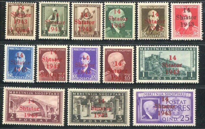 Albania German occupation 1943 - Stamps of Albania, 14 overprinted values - Sassone N. 1/14