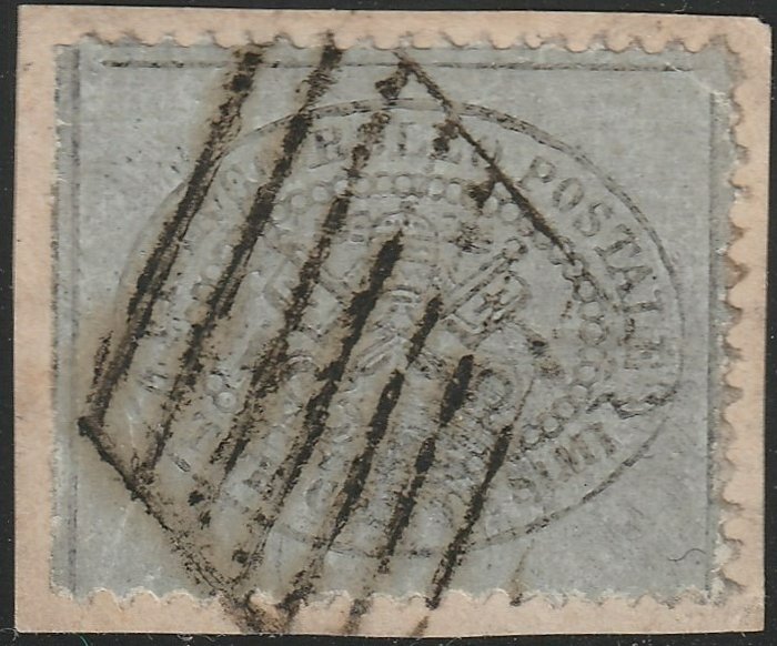 Italiaanse oude staten - Pauselijke Staat 1868 - 3rd issue 3 c. grey, very centred, sheet margin, used on small fragment, very rare and certified - Sassone n.24