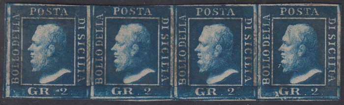 Italian Ancient States - Sicily 1859 - 2 grana very dark azure, 3rd plate, Naples paper, strip of 4 pieces - Sassone N. 8a