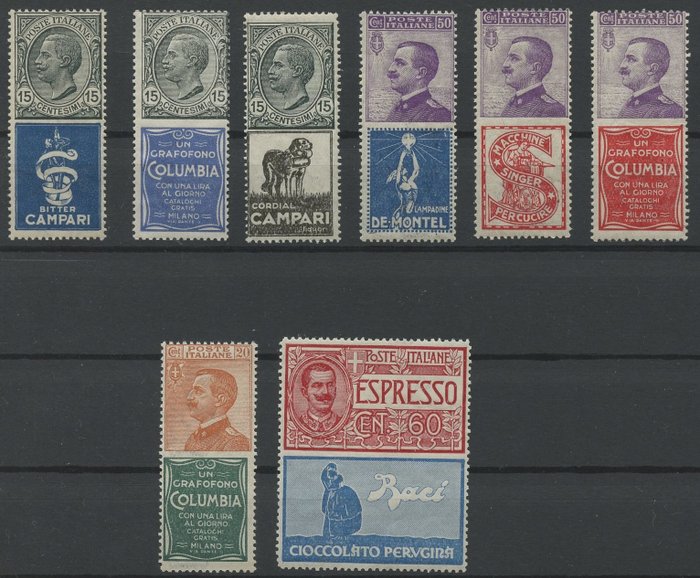 Royaume d’Italie 1924 - Selection of stamps with advertising tab, good centrings - Sassone n°1,2,3,11,12,16,20 e 21