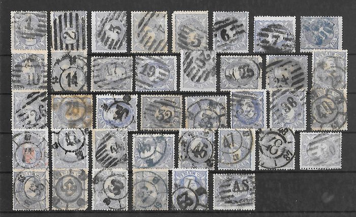Spanje 1870 - Matron. Batch of 38 stamps with cart wheel and grill type postmarks with different numbers. - Edifil 107