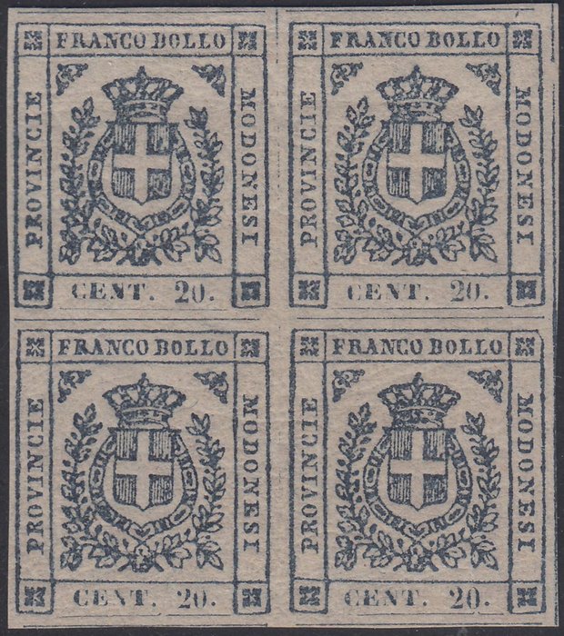 Anciens états italiens - Modène 1859 - Provisional Government, c. 20 purplish slate, block of 4 pieces (block of four) - Sassone n. 15