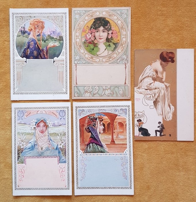 France - Fantaisie, Art Nouveau - Femmes - Cartes postales (Ensemble de 5) - 1900-1910