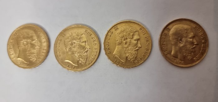 België. Leopold II (1865-1909). 20 Francs 1868/1876 (4 stuks)