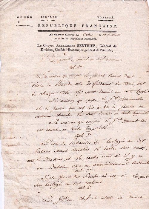 [Campagne d'Egypte] Alexandre Berthier - Copie d'un acte de propriété manuscrit signé [Du Caire] - 1799