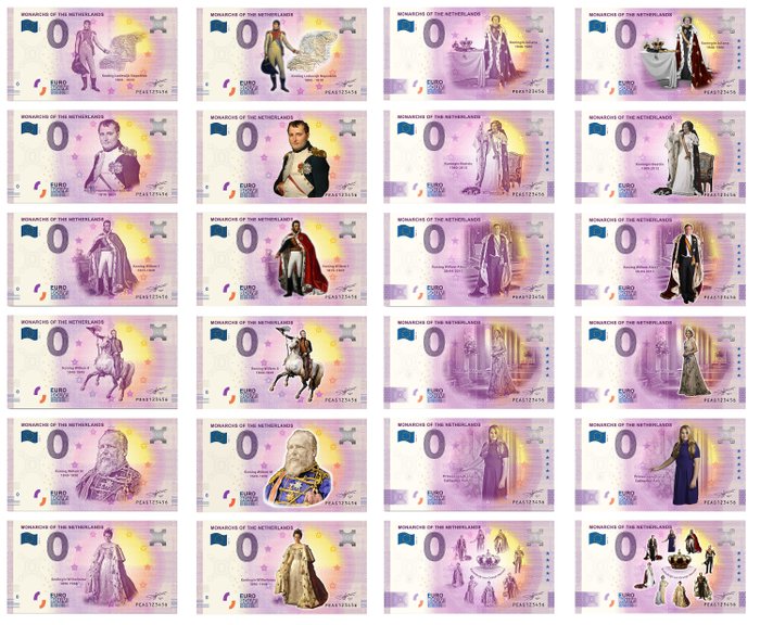 荷兰. 0 Euro biljetten 2020 Vorsten van Nederland collectie (24 biljetten)