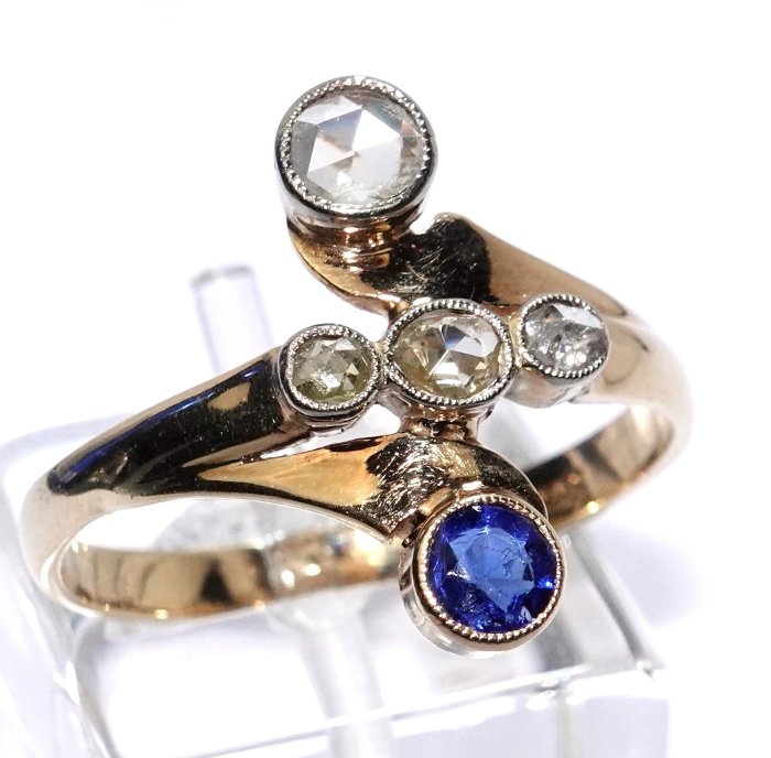 Preview of the first image of Rose-cut diamonds - 14 kt. Platinum, Yellow gold - Ring - 0.52 ct Diamond - Sapphires.
