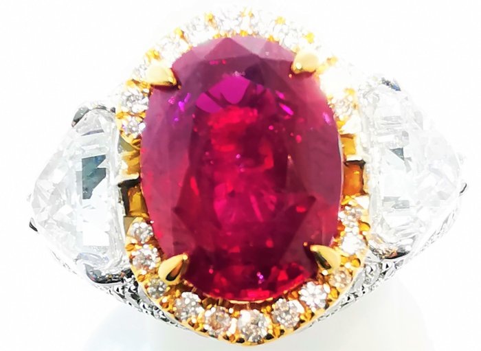 Image 3 of Rubí GRS Red 6.78ct sin tratamiento HRD 8.27gr - 18 kt. Bicolour - Ring - 3.59 ct Ruby - Diamonds