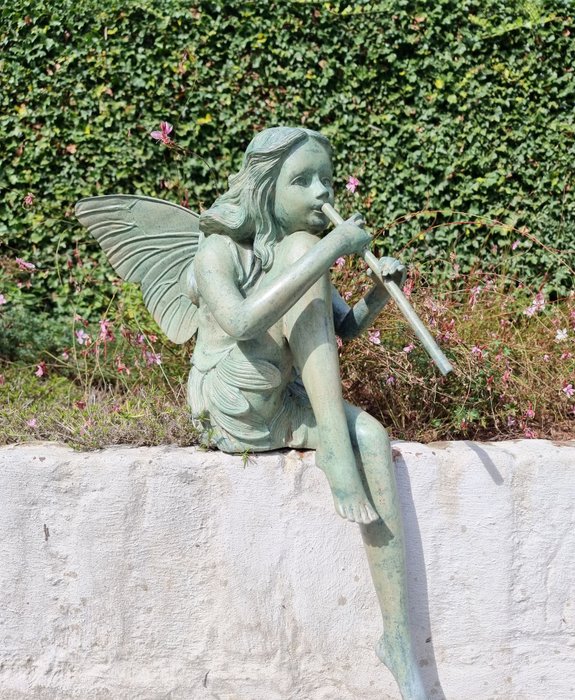 Sculpture, Tuinfee met fluit - 62 cm - Bronze