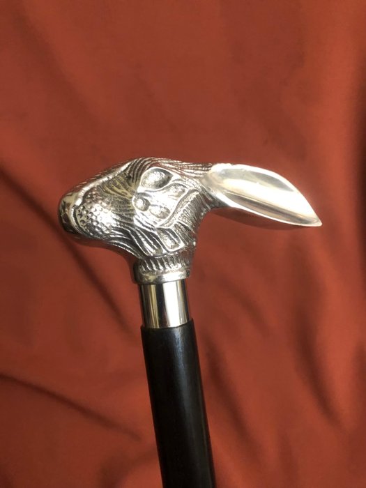 Image 2 of A novelty, self defense, lucky rabbit head, walking stick - silvered bronze and black wood - 20th c
