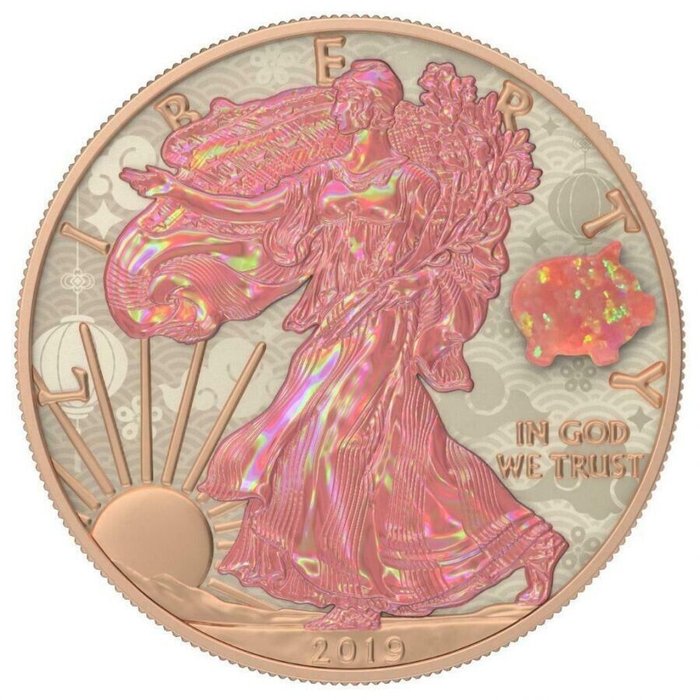 United States. 1 Dollar 2019 Liberty Silver Eagle Opal PIG Amulet 1 Oz .999