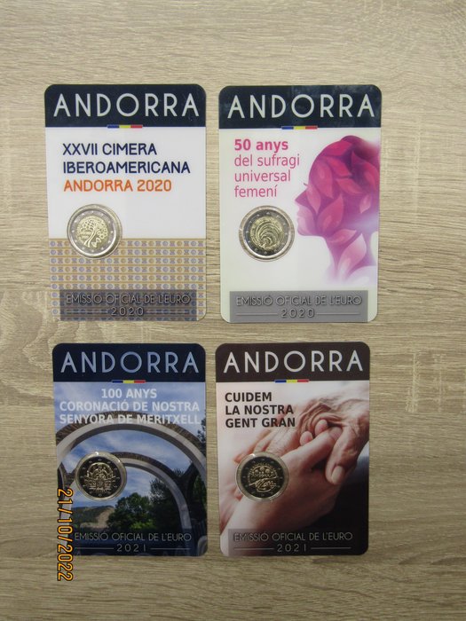 Andorra. 2 Euro 2020/2021 BU (4 verschillende) in Coincards  (Utan reservationspris)