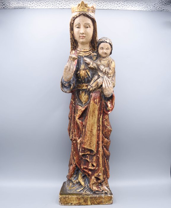 Preview of the first image of Virgin of the Rose with the Child - Old gothic carving - stuccoed wood - 19th century.