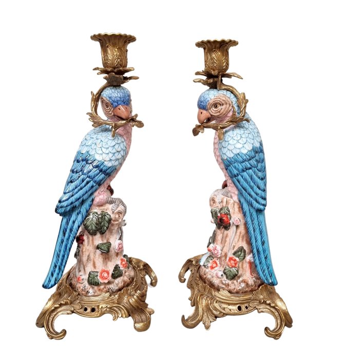 Papegaaien - Armleuchter - (2) - Bronze, Porzellan
