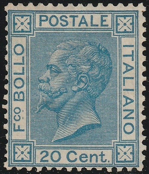 Preview of the first image of Italy Kingdom 1867 - Bigola issue of Turin, 20 c. azure, centred, rare, with certificate - Sassone.