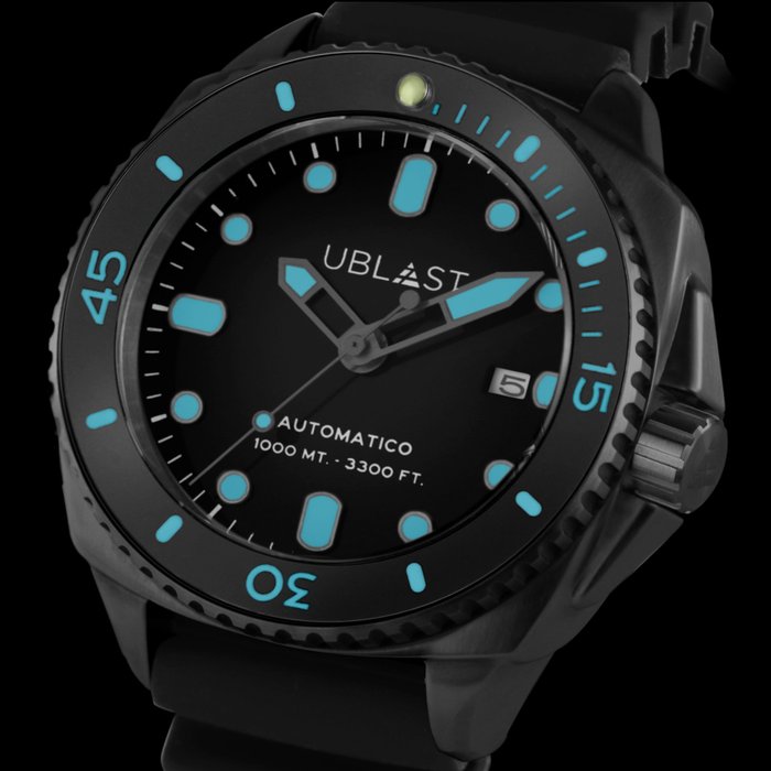 Image 2 of Ublast - SeaStrong All Black Turquoise - Rubber Strap - UBSS46CBB - Sub 100 ATM - - Men - New